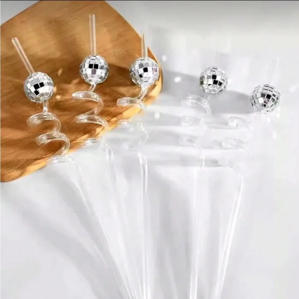 Silver Disco Ball Spiral Drinking Straws - Party Pack (set of 12)